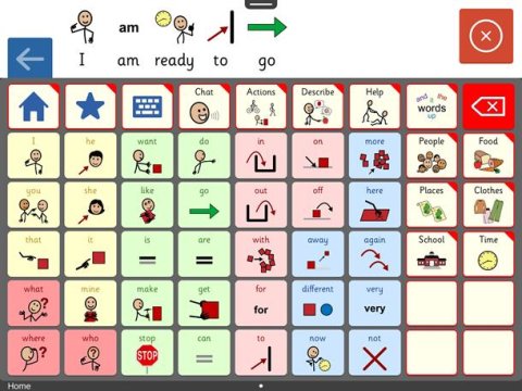 The main screen of Clicker Communicator app offering a grid of options filled with picture symbols.
