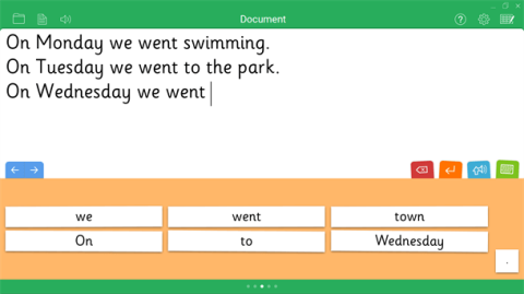 Screenshot showing three sentences under construction and a grid of word choices underneath.