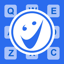 Blue square with white circle in the middle and a smiley face inside all against a background of a grid of squares with letters inside.