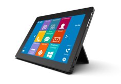 Angled view of a tablet computer held up by a stand and showing a communications grid on its screen.