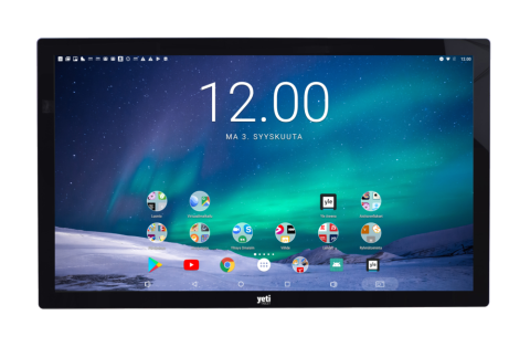 Large rectangular display with home PC screen showing time in large numbers at the top and icons for various functions.