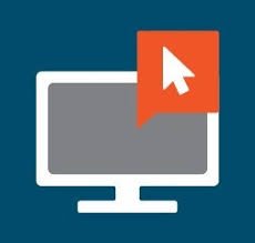 Blue square with a white bordered computer monitor in the center and a red conversation square in the upper right corner with an arrow inside it.