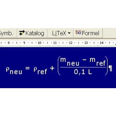 Detail view of mathematical formula in LiTex window with extra large white characters on a blue background. 