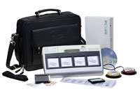 A black carrying case next to a medium-sized, rectangular, and light-grey device with four square buttons. Next to it are two switch controls.