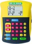 Yellow, black, magenta, green, and blue-colored calculator, displaying fractions in "top-down" format, rather than as decimals.
