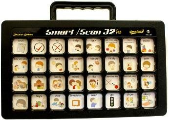 A black, rectangular device with a 32-grid overlay, each grid containing a different symbol. The device features a built-in handle at the top.