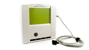 An off-white, rectangular device with an LCD display panel and a cord attached.