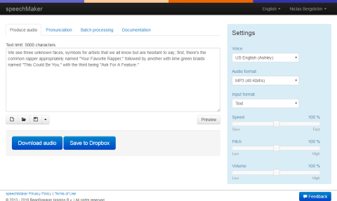 Screenshot of program's interface showing a text input window on the left and audio control options on the right.