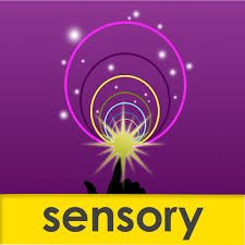 Square with purple background with the index finger of a hand pointing up and touching a star that has rings of various colors radiating out from it. A yellow bar with the lowercase word sensory is at the very bottom.