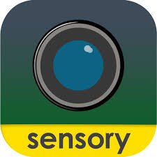 Rounded square with camera lens in the middle and the lowercase word sensory along the bottom in a yellow band.