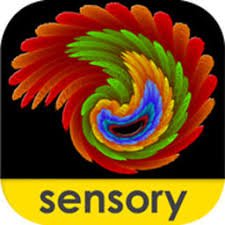 Rounded square with a colorful complex abstract design circular in form against a black background. The lowercase word sensory is at the bottom inside a yellow band.