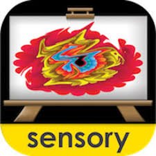 Rounded square with a colorful abstract image on an easel and against a black background. The lowercase word sensory is at the bottom in a yellow band.