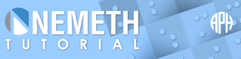Light blue horizontal band with Nemeth Tutorial text flush left next to a round logo and APH logo on right.