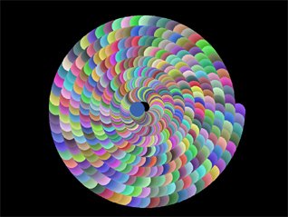 Black square with colorful spiral ring in center.