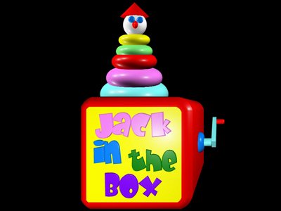 Black square with a colorful jack in the box in the middle.