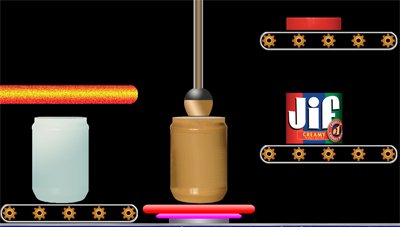 Black rectangular factory image of peanut butter jar moving along the assembly line.