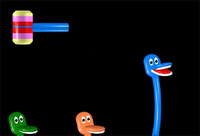 Black rectangular shape with a colorful wooden hammer in the upper left corner and three differently colored alligator heads along the bottom.