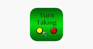 Rounded green square with with Turn Taking written on top and one yellow and one red button underneath with an arrow pointing at the yellow button.