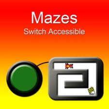 Orange and yellow square with name of program at top and a round green switch on the lower left connected to a small square maze on the right.