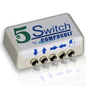 Angled view of mall white rectangular device with 5 Switch written on the top and five ports on the front face.