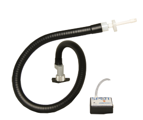 Long black curved arm with white plastic mouthpiece at one end and connector at the other end. Small rectangular device on right.