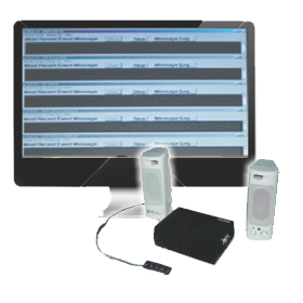 Computer monitor displaying screenshot of Vindicator software with two small speakers in front as well as a small black rectangular device.