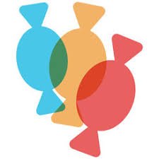 Large blue, orange, and red translucent cough drop shapes overlaid on each other.
