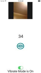 Screenshot of a photographed image at the top of a screen, with an "eye" graphic and the number 34 centered below it. Beneath that, the screen reads "Vibrate Mode is On," with a green toggle pointing to on above.