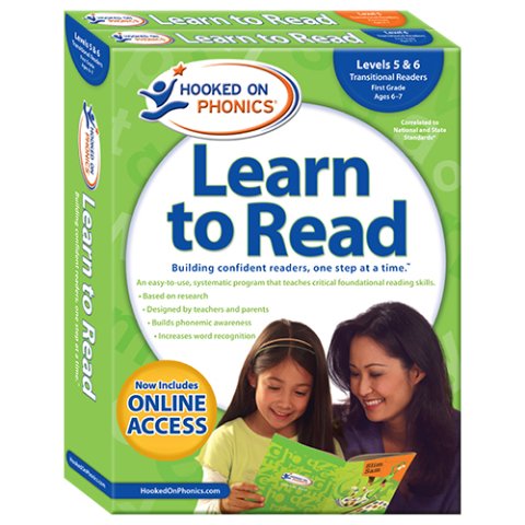 Green box with "Learn to Read" printed prominently in blue font. Below the title is an image of a mother and daughter reading a book.