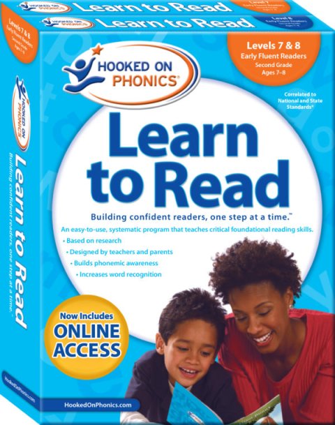 Light blue box with "Learn to Read" printed prominently in blue font. Below the title is an image of a mother and son reading a book.