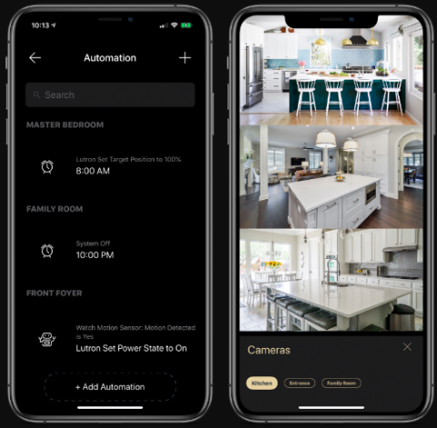 Two screenshots of an iPhone, the left one is titled Automation and has a listing of 3 zones in the house: Master Bedroom, where a timer shows everything is off; Family Room, everything off; and Front Foyer, where the Motion Detector is on. On the right are views from 3 cameras of the kitchen. 