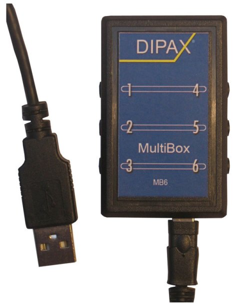 Black, rectangular device with a USB cable.