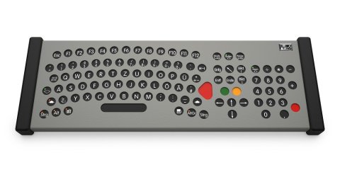 Perspective of dark gray keyboard with black keys and number pad