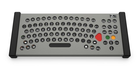 Perspective of dark gray keyboard with black keys and arrow pad