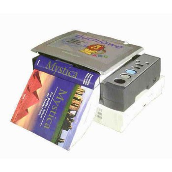A grey and white scanner with large buttons on the left top side and a large text book on the scanning bed under the closed scanning cover.