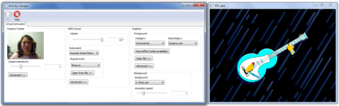 Screenshot of menu screen on left with options and an image of a guitar in another window on the right.