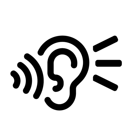 Black and white drawing of an ear with sound waves coming in and sound lines on the right side of the ear.