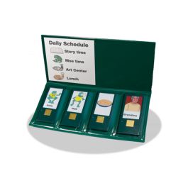 A green binder or folder that unfolds to reveal four different picture icons with buttons beneath to play audio messages.