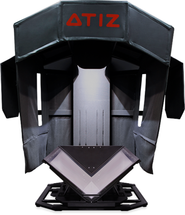 A large, black and grey printer device with the word "ATIZ" in red at the top. There is a v-shaped platform for placing an open book to scan.