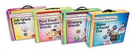 Four different colored software boxes, with the titles "Job/Work Words," "Fast FoodRestaurant Words," "Grocery Words," "Signs Around You."