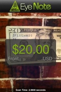 A captured image of a 20$ US bill, with a dialogue box overlaid on top reading "$20.00, Front, USD," in bright green font. At the top of the screen is the EyeNote logo, which features the "eye pyramid" graphic that is printed on US paper currency. 