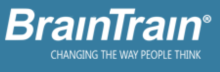 The words "BrainTrain," in large, white font against a blue background. Beneath are the words "Changing the Way People Think" in smaller white font.