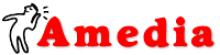 An illustration of a character leaning toward a source of sound and cupping their ear for better hearing. Next to it, the word "Amedia" in bold red font.