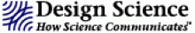 A blue-and-white striped square graphic with the words "Design Science, How Science Communicates" in black serif font to the right.