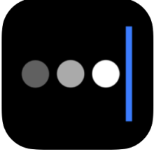 A black square with rounded corners is shown with 3 large white dots followed by a vertical light blue line. 
