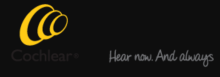 The Company Logo is shown as a Cochlear spiral drawn in yellow with the edges thickened and forming the letter "C". Next to this are the words written in Script: "Hear now. And Always." The word hear is spelled "h" "e" "a" "r".
