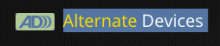 The company name is written in simple text font with Alternate in yellow and Devices in white. Preceding this is the icon which is an A written with the right leg straight and touching the D's vertical line. The curve of the D is resonating with 2 more curve shapes. All of this is written in blue.