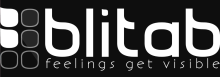 The company name, blitab, is written in lowercase white letters with the words written below it: "feelings get visible". The icon that precedes the name is a 2x3 array of outlined dots with the first two in column 1 highlighted.
