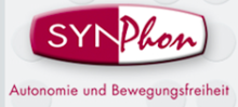 An oval with squared off ends is divided into red and white with the company name written: SYN in white Printed capital letters and Phon written in red script.