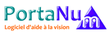The name is written in two colors and on one and a half lines: Porta is printed in green; then without a space, the letters N and u follow and are written in light purple. The final letter m drops down to the next half-line and is written there, in white,  inside a light-purple triangle. Written in small letters on the same line and preceding the the triangle-m in French: Software help for vision.